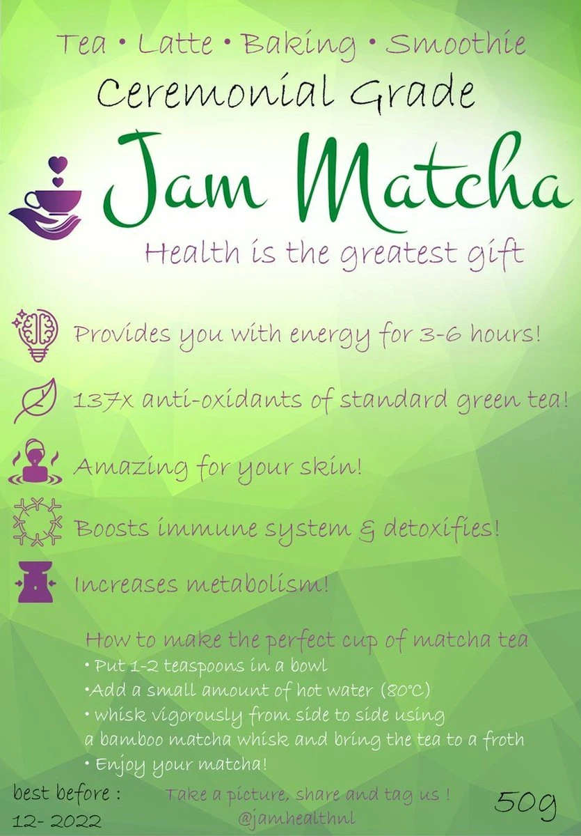 Biologische Matcha Poeder 50 Gram - CEREMONIAL GRADE - JamMatcha Groene Thee - Matcha Thee - Afbeelding 3